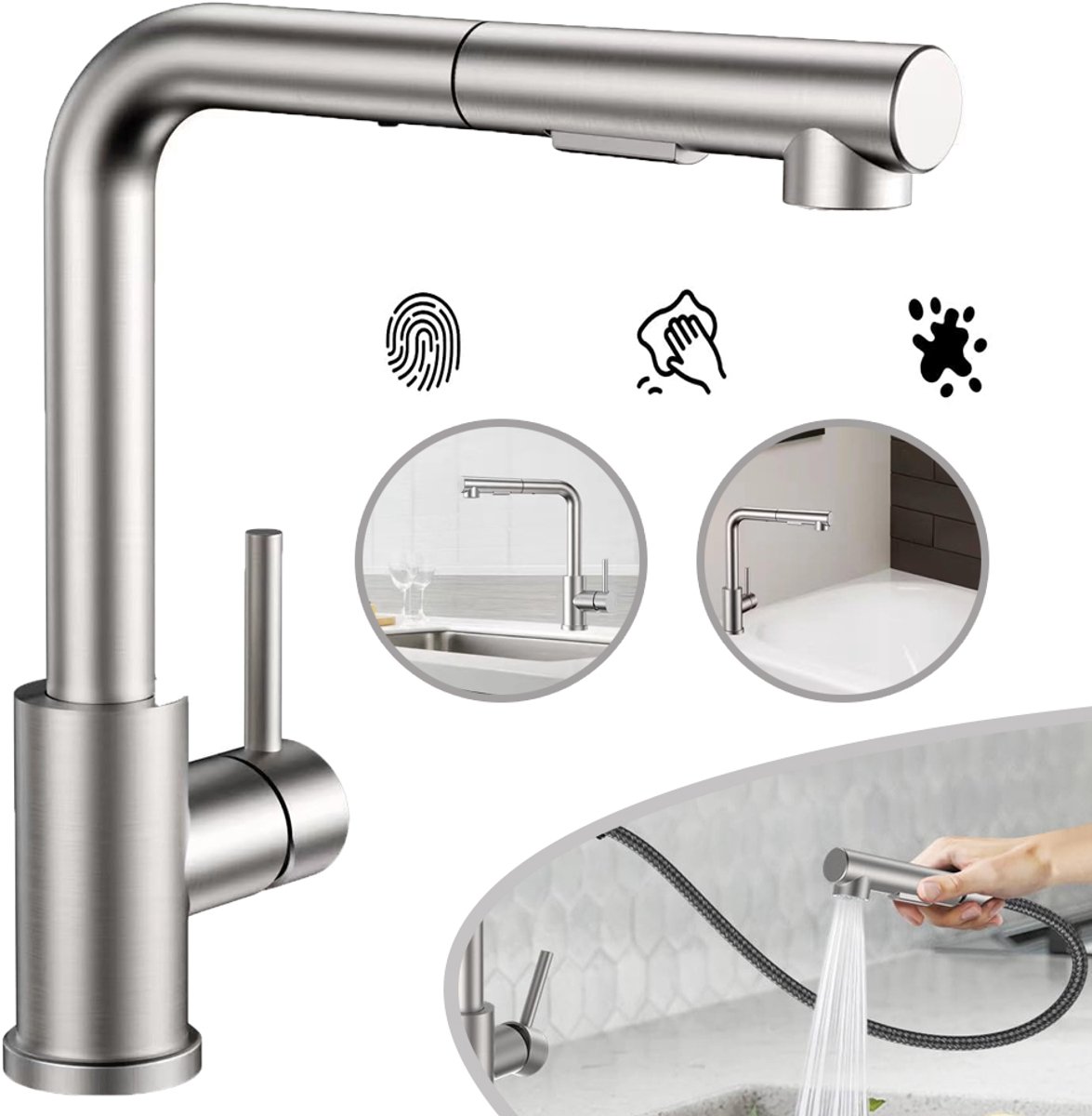 L-Vormige Roestvrijstalen Keukenkraan Met Uittrekbare Sproeier - Dubbele Waterstanden Keramische Cartridge 360° Draaibaar éénhendelbediening - Geschikt Voor Gaten Van 35-38 mm
