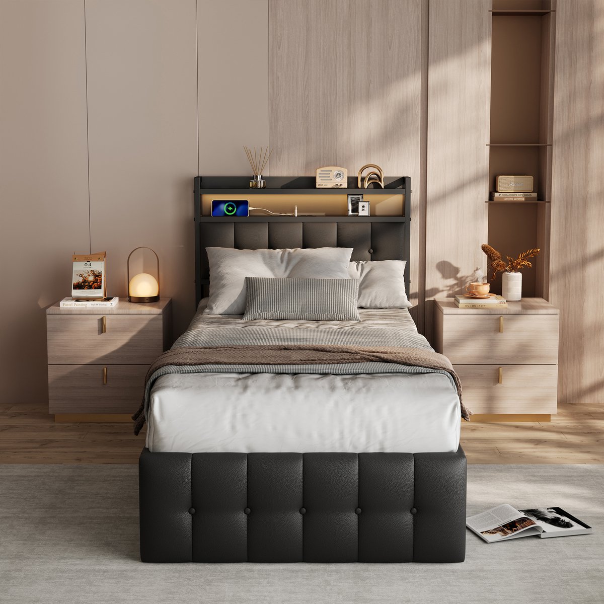 Opbergbed 90x200 met LED & USB – Bed met Hoofdbord en Opbergplanken – Zwart PU Gestoffeerd Bed met Opbergruimte
