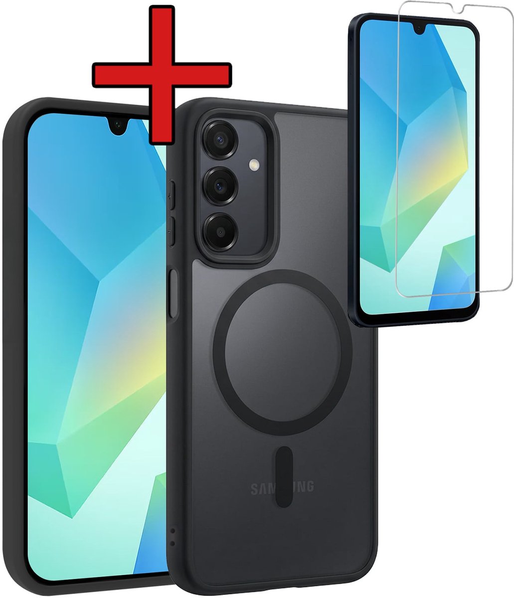 Hoesje - Met Screenprotector - Geschikt voor Samsung Galaxy A16 - Magsafe Compatible - Sterk & Shockproof - Shock Proof Case - Back Cover - Telefoon Hoes - Telefoonhoes - Zwart