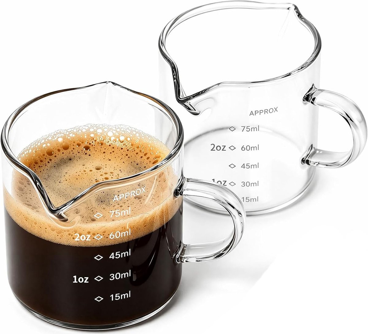 Maatbeker - 75 ml - 2 Stuks - Glazen shotglazen - Espresso Shot Glas - Maatbeker van Glas - Maataanduiding - Melk Transparant - V-Vormige Mond - Voor Koffie, Cappuccino, Latte, Wijn