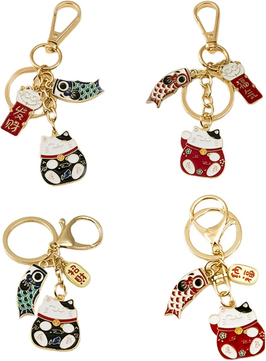 Cat geluksbrenger sleutelhanger, Japanse Neko kattenhangerset, goudkleurig met koi vis en geluksymbolen