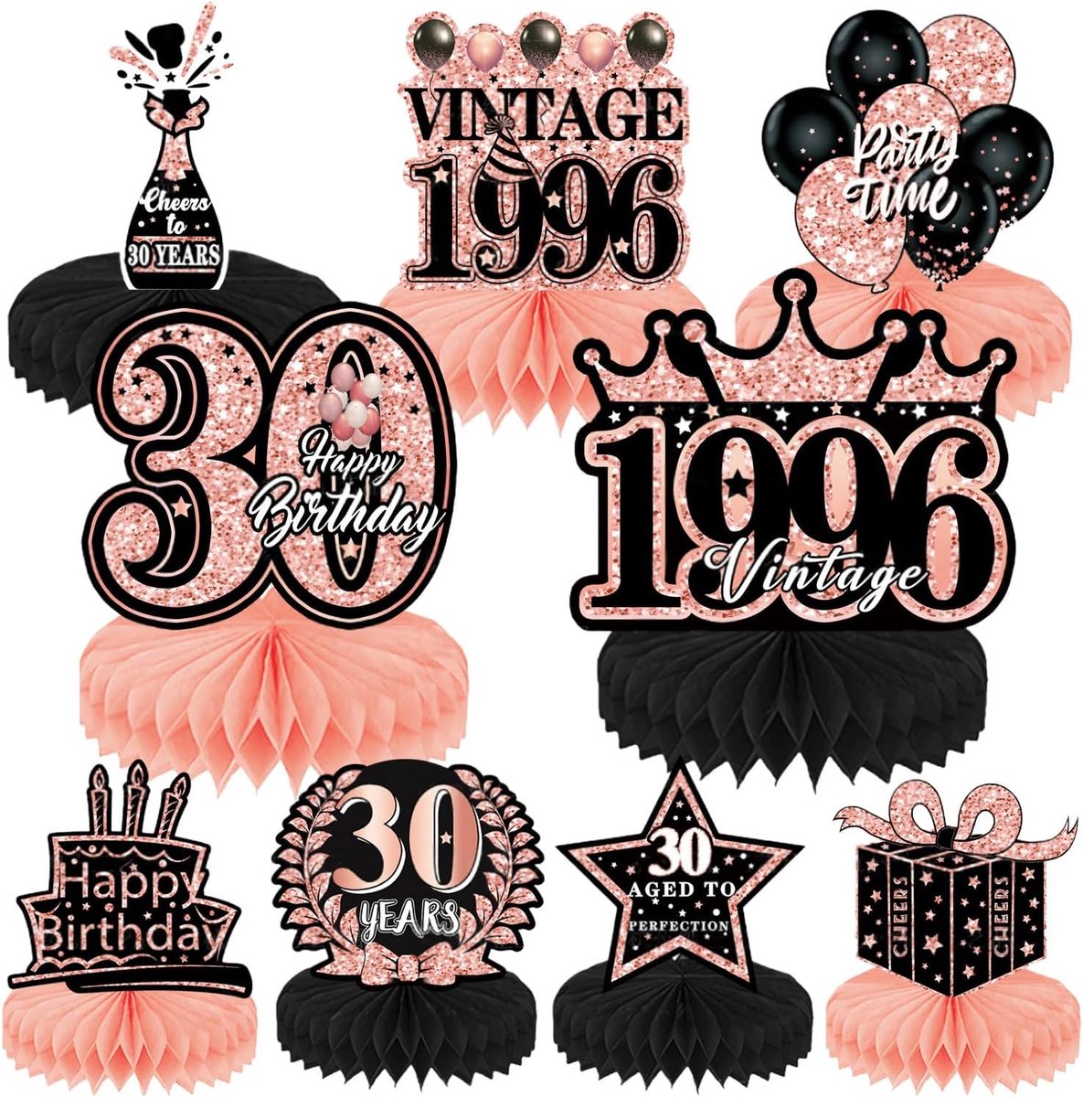 9 Stuks 30. Verjaardagsversiering Honingraat Tafeldecoraties Voor Vrouwen, Roségoud Roze Gelukkige 30e Verjaardag Tafelversiering Feestdecoratie Benodigdheden, V