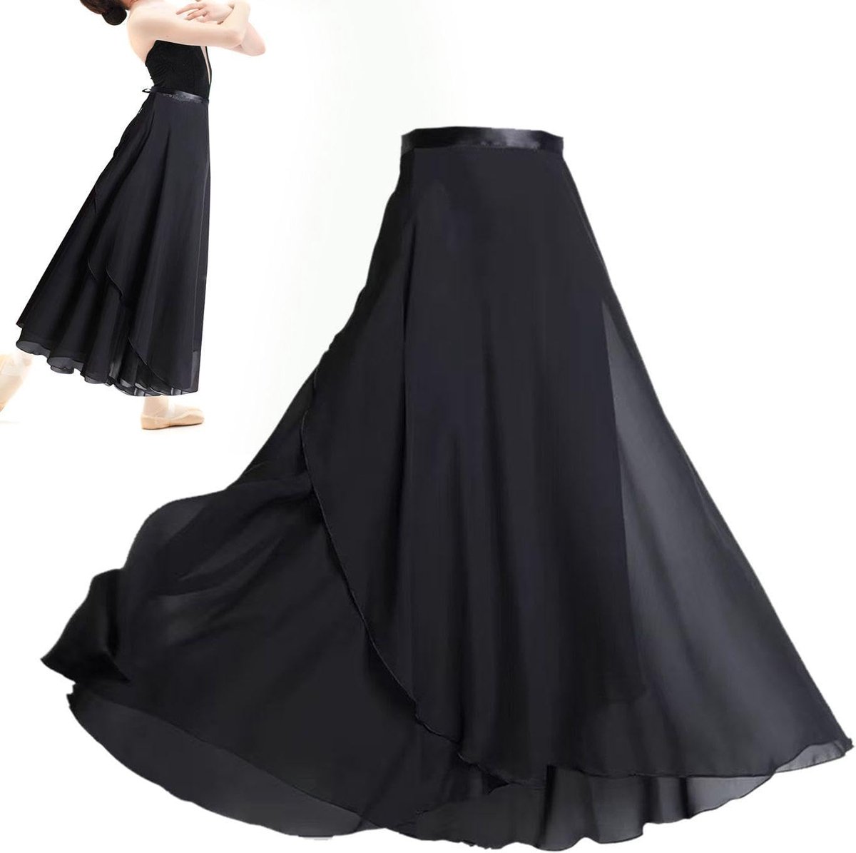 1 x lange zwarte balletrok, chiffonrok voor dames, wikkelrok voor