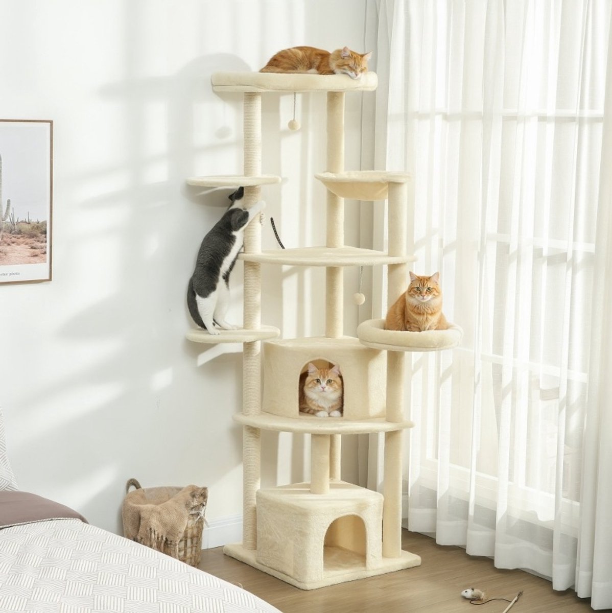 COVREO Krabpaal 200 cm beige, van hout en sisal met hangmat voor 2-3 katten