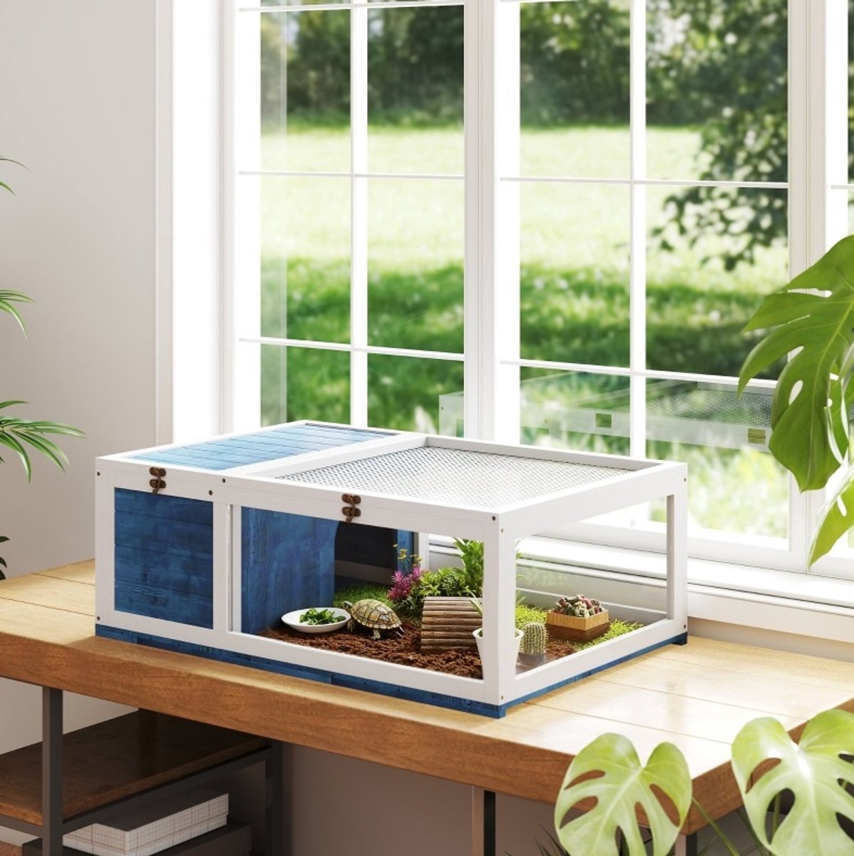 COVREO Terrarium 91 x 60,5 x 32 cm blauw, hout met dubbele zone