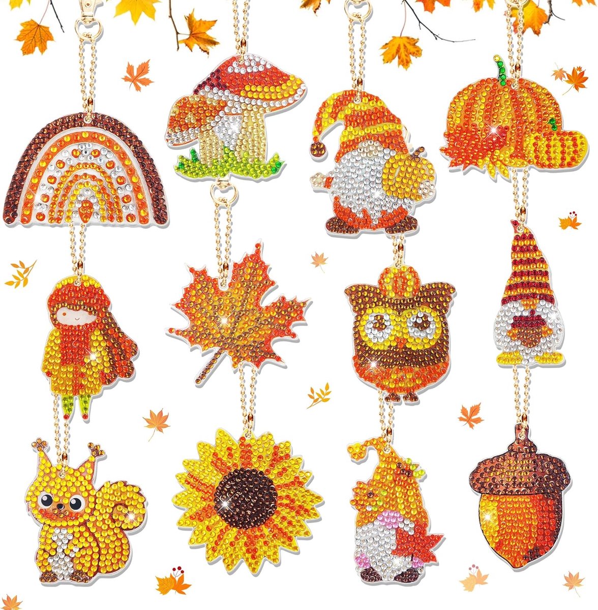 12 stuks Diamond Painting sleutelhanger, hanger, 5D herfst, kabouter