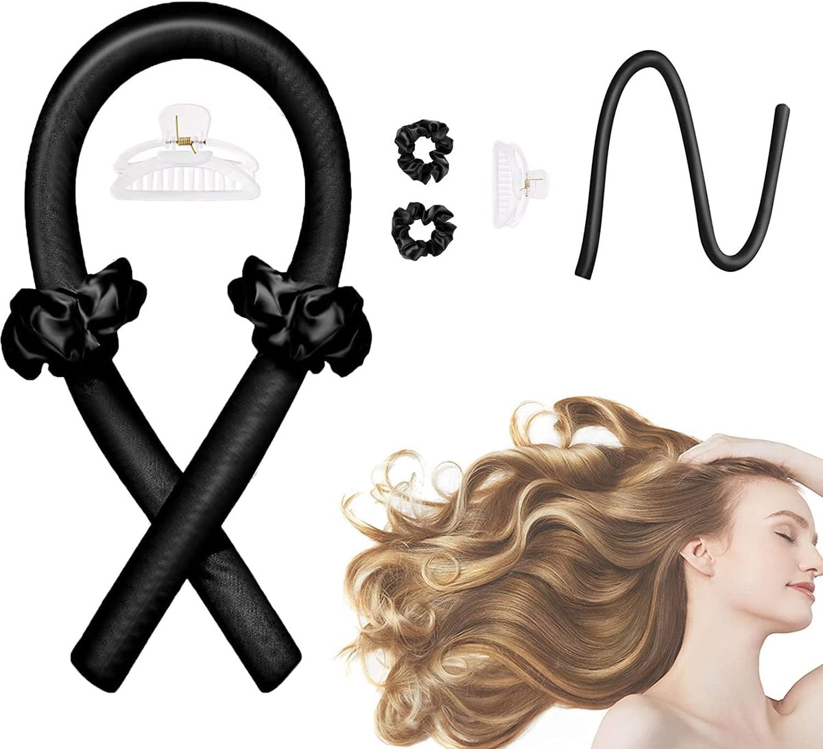 Zijde, hitteloze krullende hoofdband voor lang haar - No-Heat 's nachts krulspelden set met clips en scrunchie, zachte doe-het-zelf lui haar styling tools (zwart)