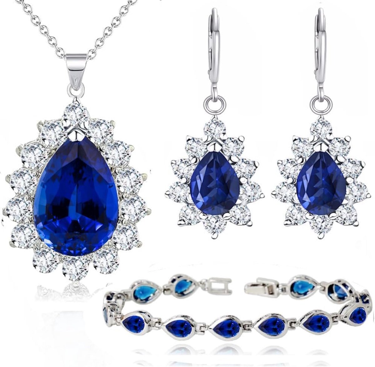 Azuria Tranen Blauwe Gesimuleerde Saffier Zirkonia Kristallen Set Hanger Ketting 45 cm Oorbellen Armband 18 kt Witgoud Verguld