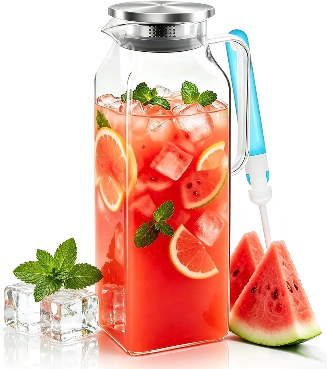 karaf 2 liter, waterkaraf met deksel, glazen karaf voor koelkastdeur