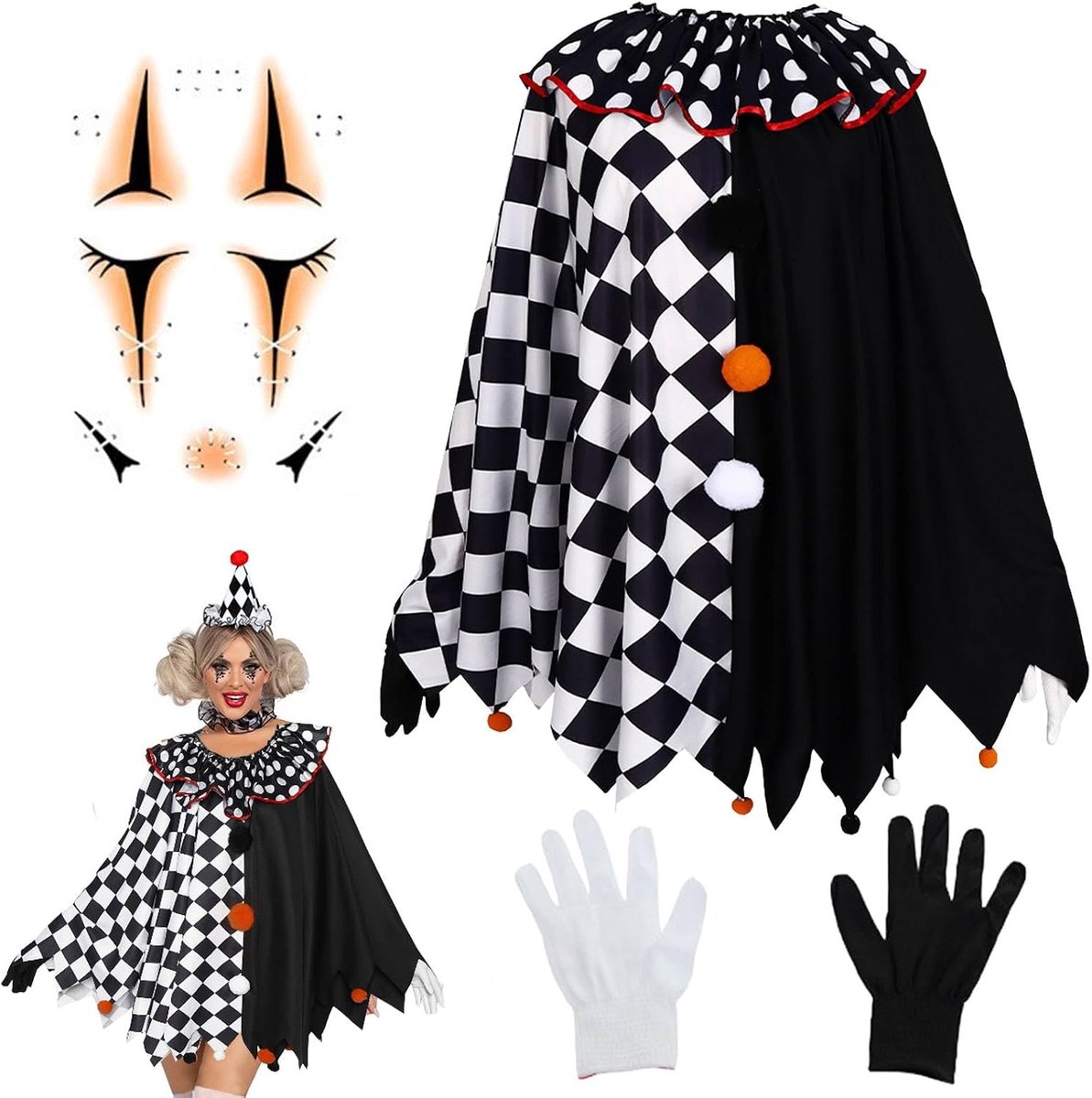 feestmode, kostuum harlekijn, themafeest, circus, poncho, clown of