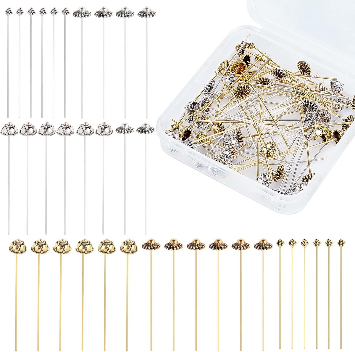 6 Stijlen Hoofd Pin Nadelen, 60 stuks Kogelkop Pins Tibetaanse Hoofdpinten Sieraden Hoofdpinten Bloemperken Pins Voor Gewikkelde Lussen Oorbel Sieraden Maken DIY Handwerk