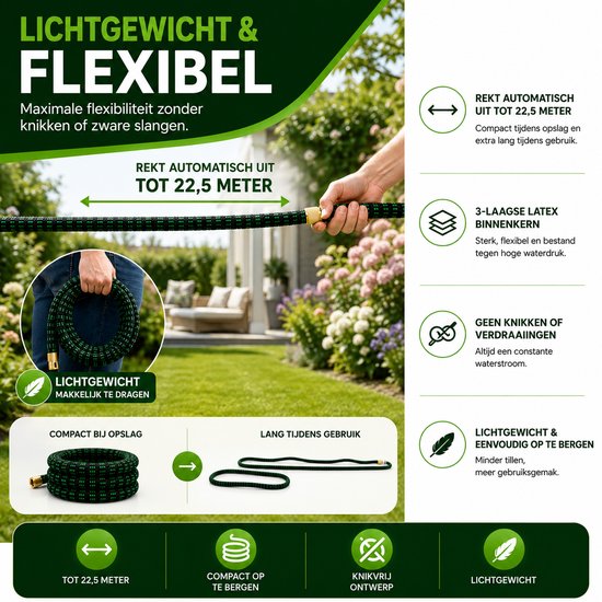 Lichtgewicht en flexibele tuinslang van 22,5 meter die automatisch uitrekt en compact is op te bergen.