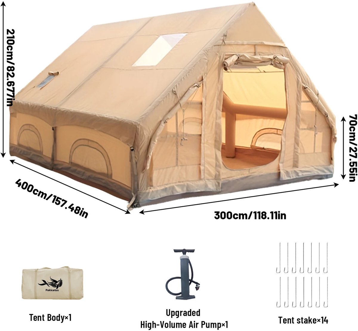 Gudalio Opblaasbare Tent - Kampeertent - Glamping Familietent - Waterdicht - Dakraam - Inc. Pomp & Opbergtas - 300x400 cm - Kaki
