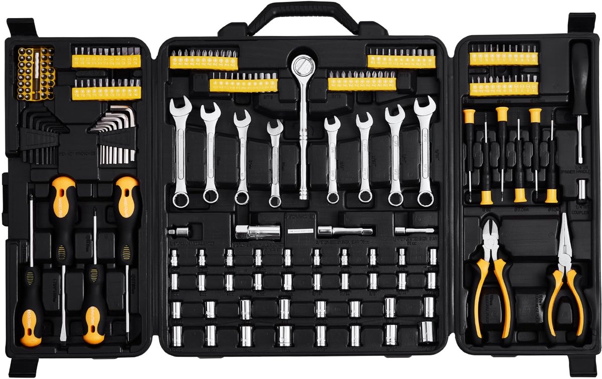 SnelShoppen - 221-delige mechanische gereedschapsset met 1/4" en 3/8" dopsleutels, SAE en metrische maten, bits, ratel handvat, accessoires en plastic