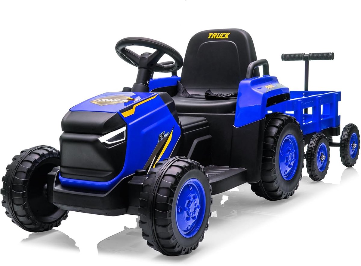 Triumpunpre - Elektrische kindertractor 12V met afneembare aanhanger - 8-wielige tractor met afstandsbediening LED-koplampen muziek - Vanaf 3 jaar - Blauw