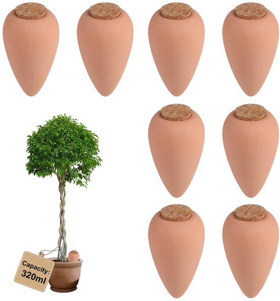 SnelShoppen - Oyas irrigatie systeem met kurk - 8 × 320 ml gieter voor kamerplanten - Radijskegel Olla voor automatische plantenbewatering - Waterdisp