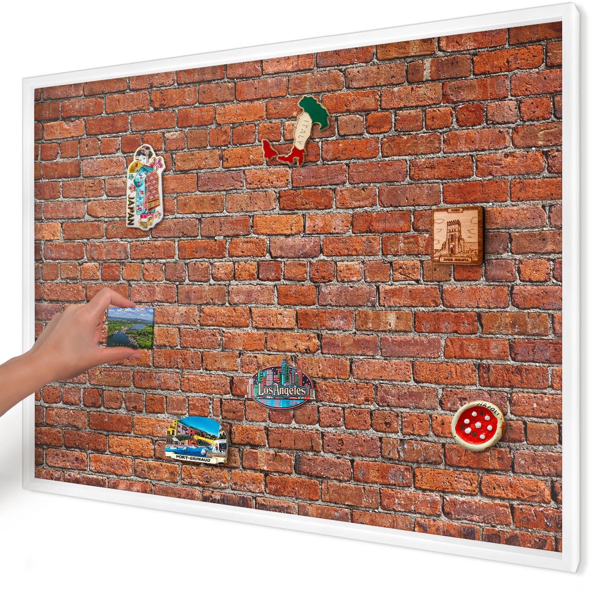 Artprintcave Bruin Magneetbord mit Witte Lijst - 100x70 cm - Baksteenmotief Wandbord Magnetisch - Industrieel/Loft Memobord Keuken - Texturen