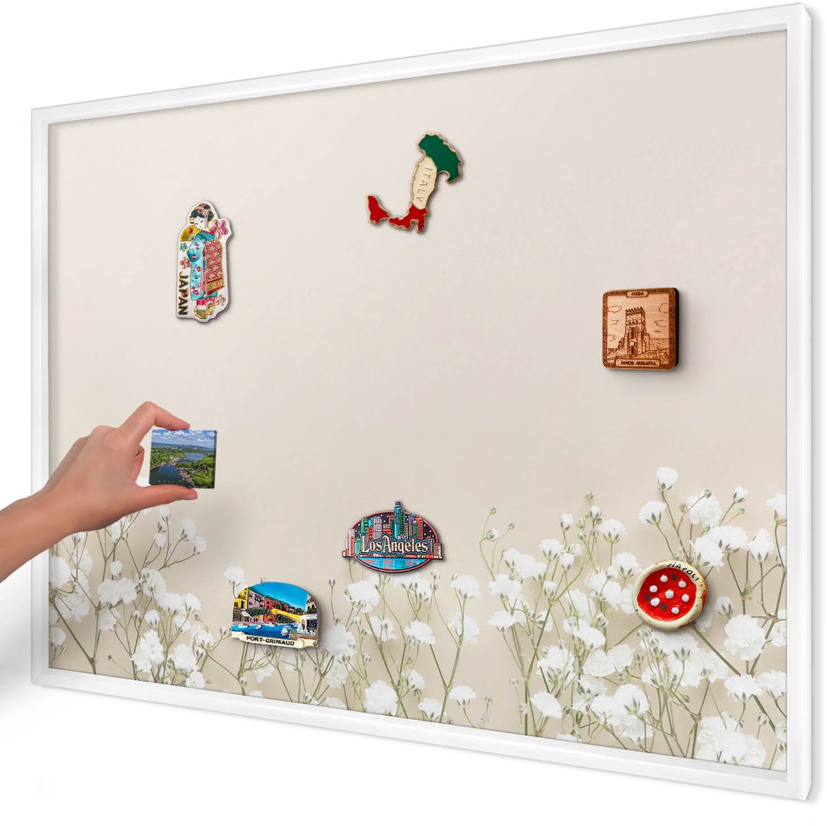 Artprintcave Beige Magneetbord mit Witte Lijst - 100x70 cm - Subtiele Natuur Magneetbord Voor Foto's - Minimalist Notitiebord - Bloemen En Planten