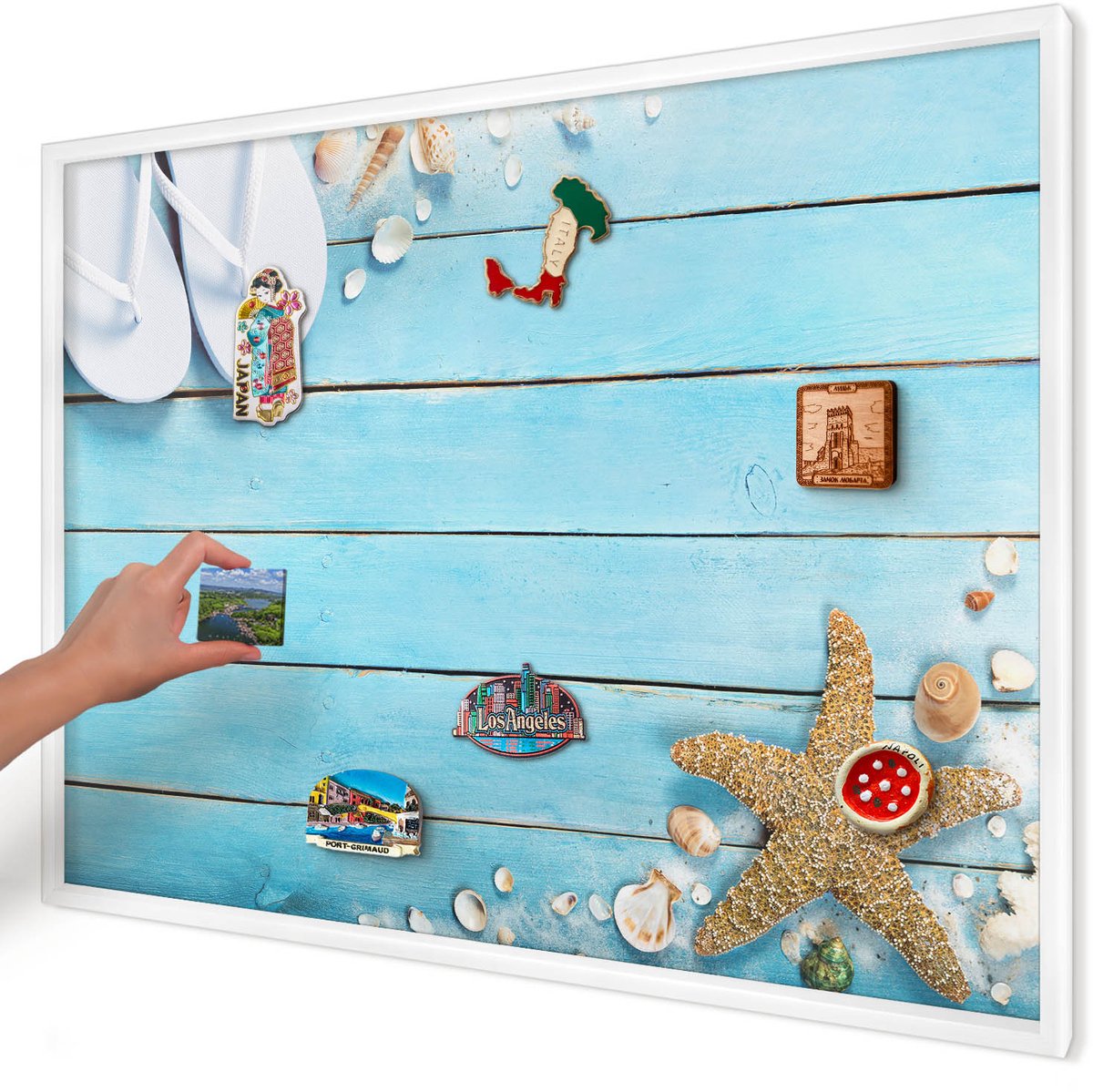 Artprintcave Blauw Magneetbord mit Witte Lijst - 100x70 cm - Vakantierust Bord Voor Magneten - Fotografisch Magneetbord Voor Foto's - Landschappen