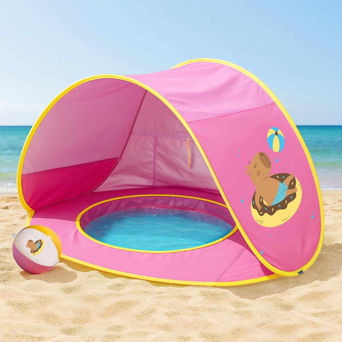 Zavio® Strandtent UV Bescherming - Strandtent Baby Pop Up – Strandtentje Extra Licht –Roze met geel