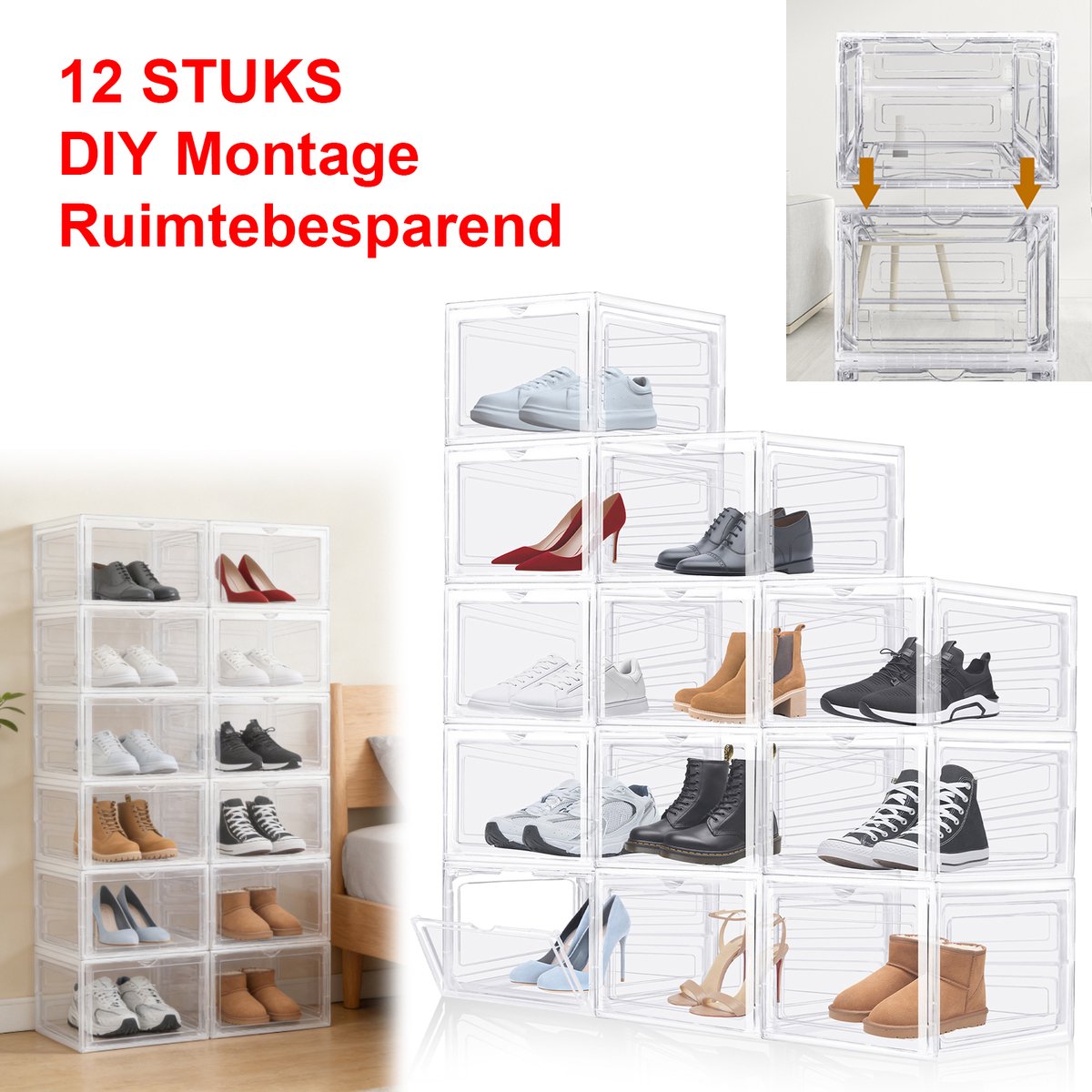 Set van 12 schoenendozen, schoenenkast, extra dikke doorzichtige schoenendozen voor thuisgebruik, voor kantoorbenodigdheden, cosmetica en kleding, ruimtebesparende, vrij te combineren DIY-set van plastic opbergdozen met magneetsluiting en klep