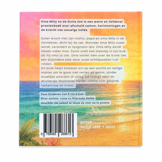 Achterkant van een prentenboek met tekst over afscheid en rouw, en illustratie van een zonsondergang.