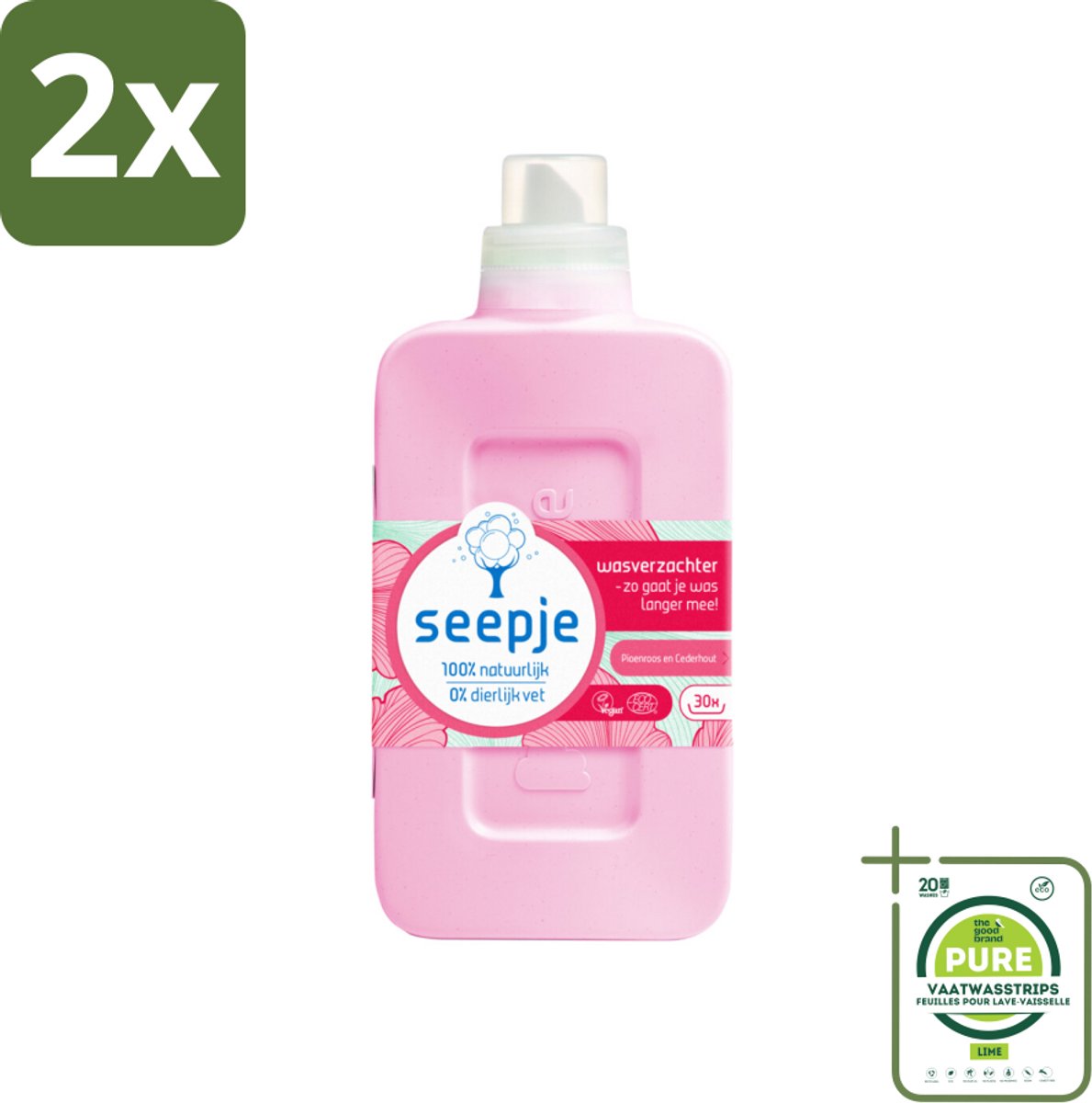 Seepje - Wasverzachter - Geurige Verzorging - Pioenroos en Cederhout - 30 Wasbeurten - 750 ml - Voordeelverpakking - 2 stuks - Wasverzachter - Natuurlijke wasverzachter