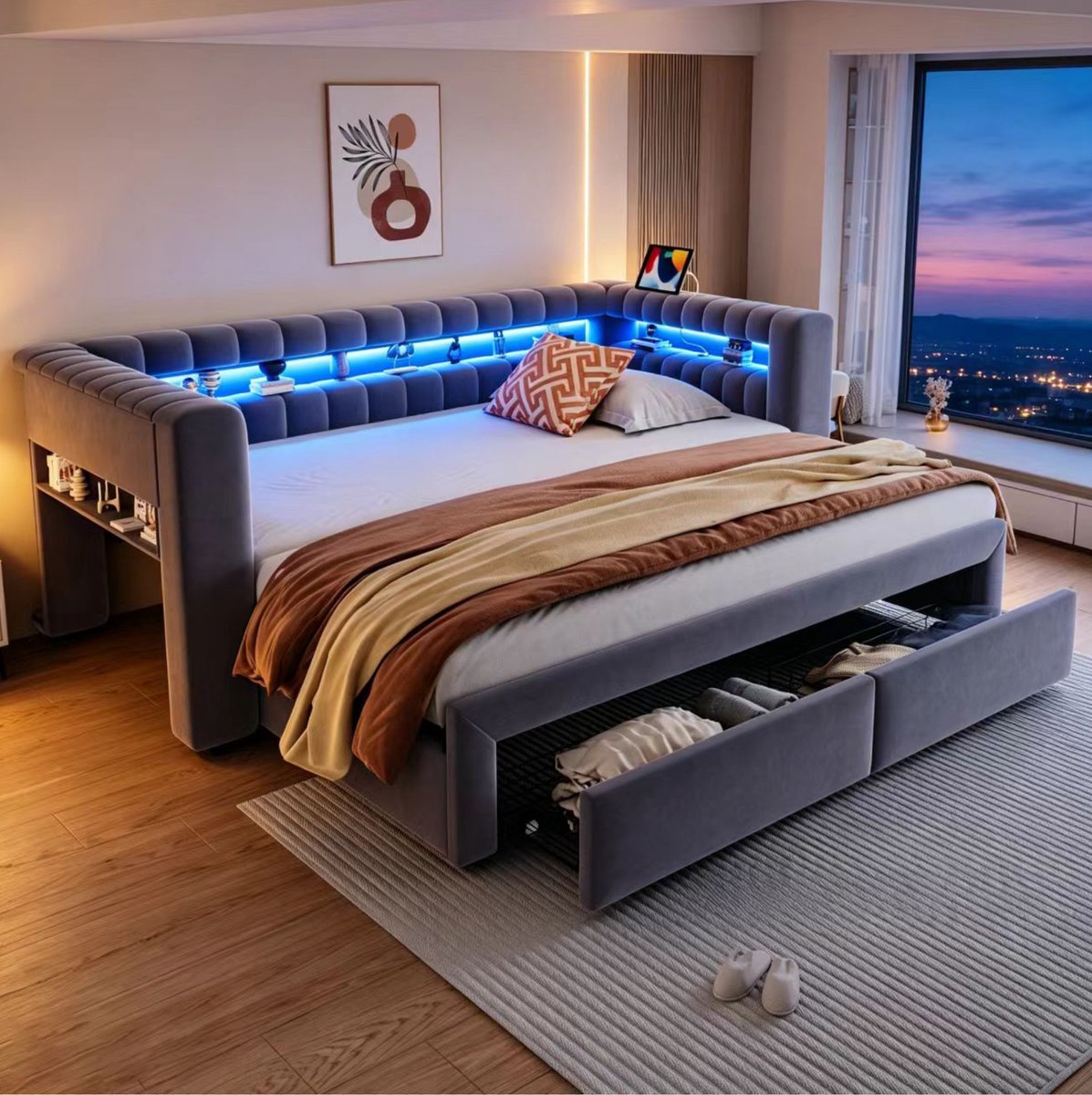 MIVRAY Slaapbank 90x190 cm Met Uitschuifbed en Lades - Bedbank Met Opbergruimte En Verlichting - Fluweel - Grijs