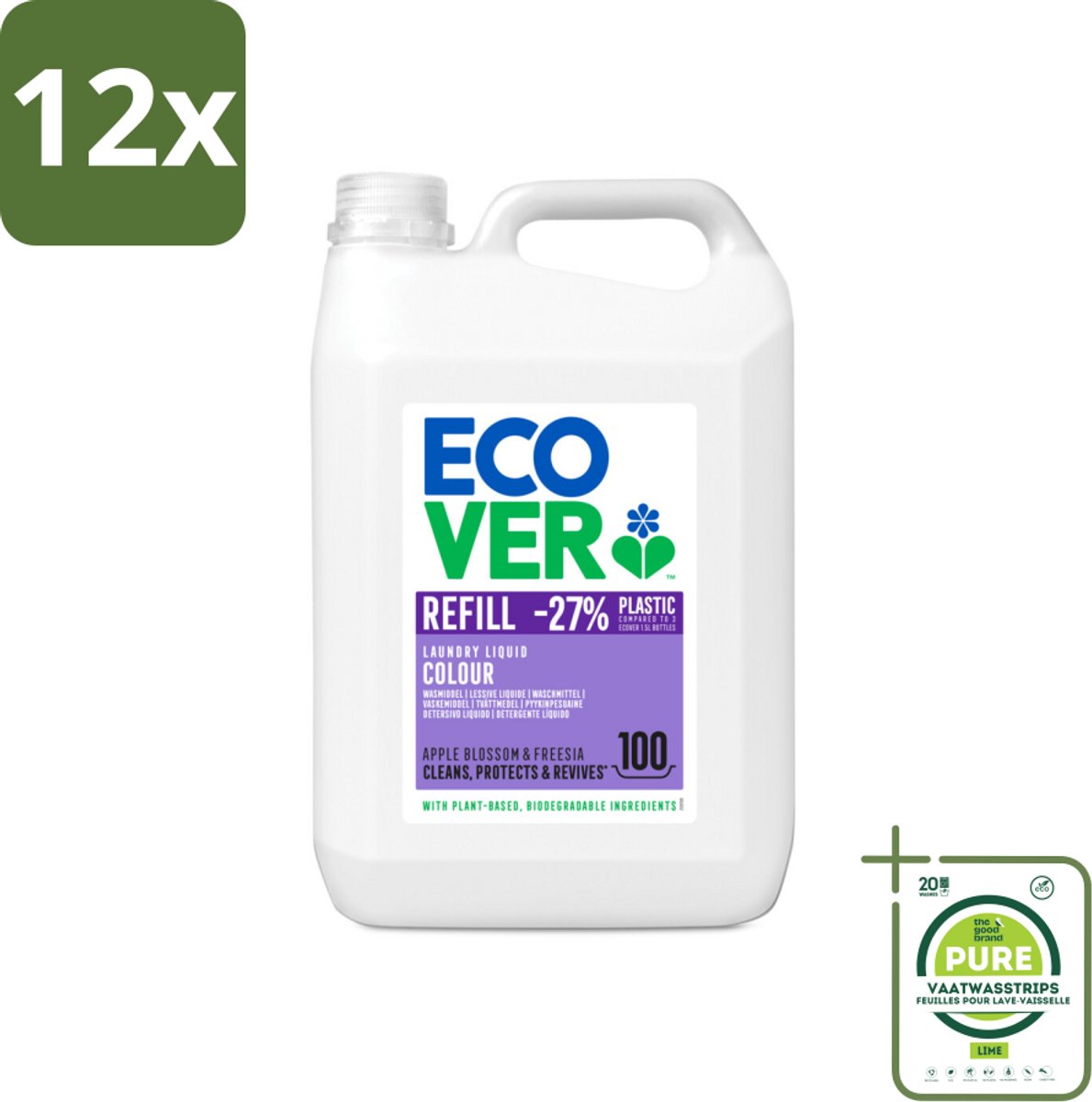 Ecover - Vloeibaar wasmiddel - Color - Appelbloesem & Freesia - 5 liter - 100 wasbeurten - Voordeelverpakking - 12 stuks - Wasmiddel - Vloeibaar wasmiddel