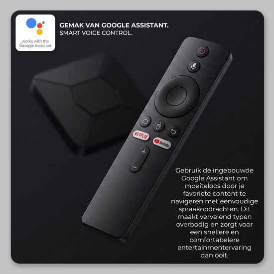 Een zwarte afstandsbediening met Google Assistant-logo en knoppen voor Netflix en YouTube.