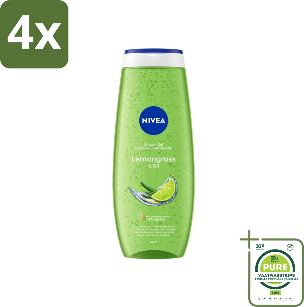 NIVEA - Douchegel - Citroengras & Olieverzorging - Glad & Verfrissend Huidgevoel - 500 ml - Voordeelverpakking - 4 stuks - NIVEA douchegel - Citroengras douchegel