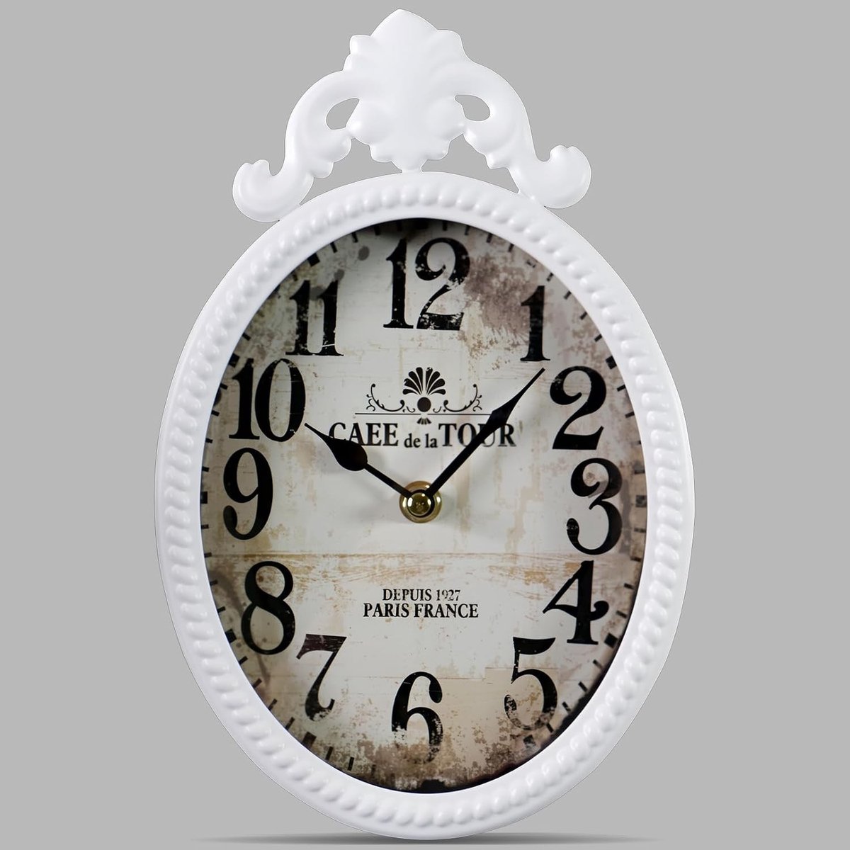 SnelShoppen - Vintage Witte Ovalen Wandklok, Shabby Chic Decoratieve Klok voor Woonkamer, Keuken, Café, Slaapkamer, Stille Quartz Beweging, Boerderij,