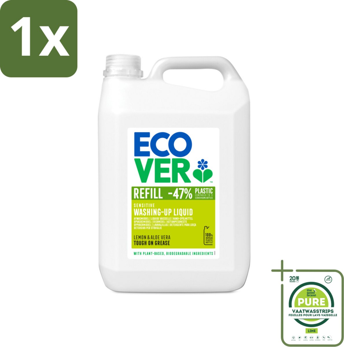 1 x Ecover - Afwasmiddel - Citroen & Aloë Vera - 5 liter - Afwasmiddel - Citroen - Aloë Vera - Biologisch Afbreekbaar - Plantaardige Ingrediënten
