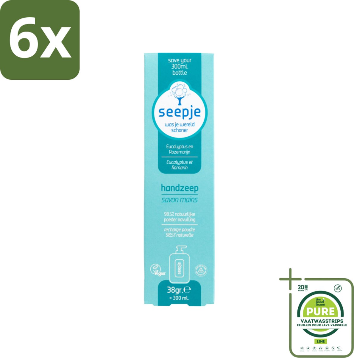 Seepje - Handzeep - Natuurlijke Geur & Verzorging - Eucalyptus en Rozemarijn - Navulverpakking - 34 g - Voordeelverpakking - 6 stuks - Handzeep - Navulverpakking