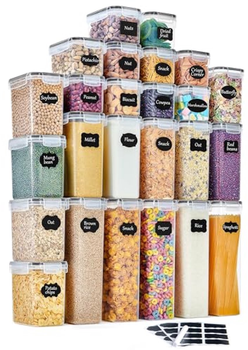 Huis Geluk Voorraaddozen 25-delig - Luchtdichte Keukenorganizer van Kunststof met Deksel - Set van 4 Formaten voor Muesli, Meel, Koffiebonen, Cornflakes, Spaghetti en meer