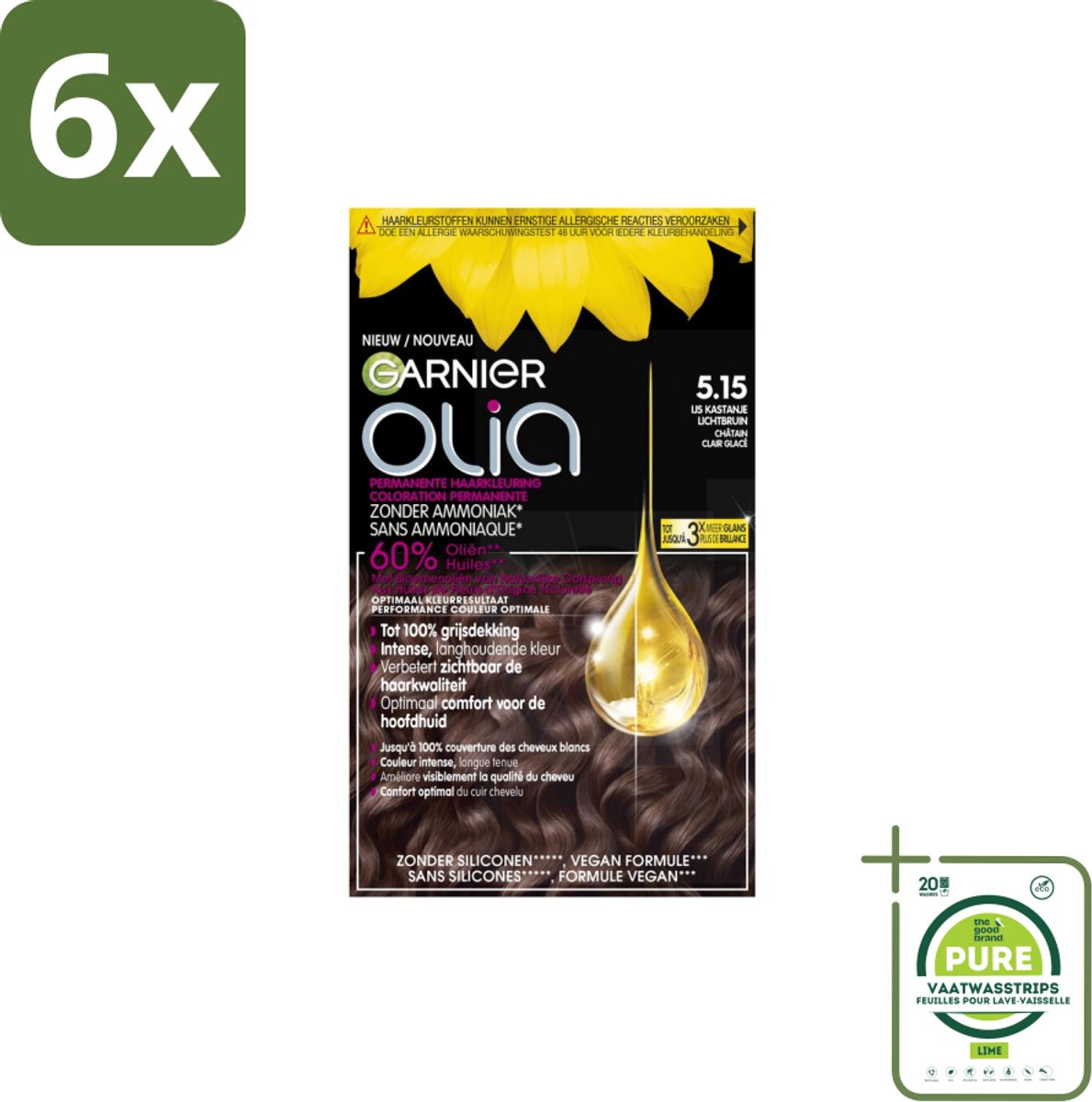 Garnier - Olia 5.15 - Haarkleuring - Kastanje Lichtbruin - Zonder Ammoniak - 100% Grijsdekking - Voordeelverpakking - 6 stuks - Permanente haarkleuring - Haarkleur