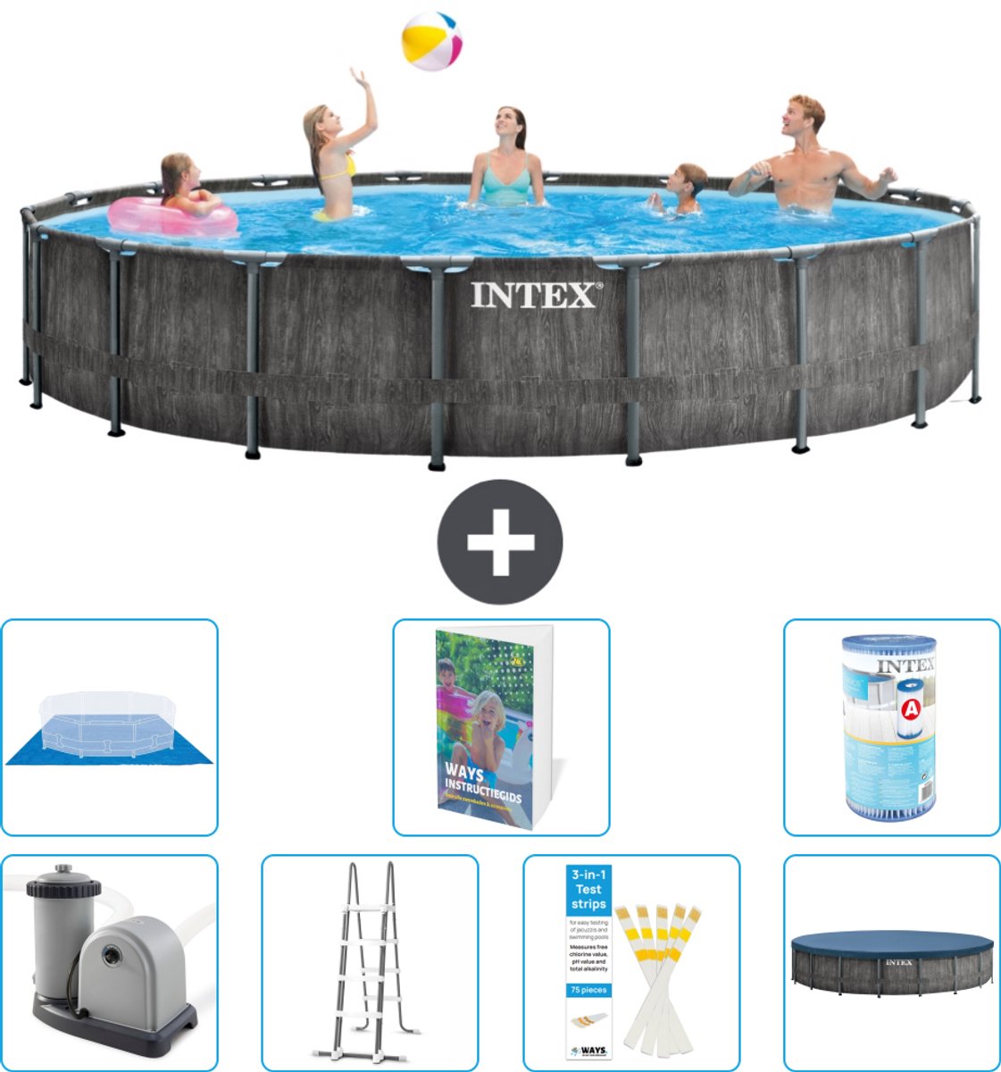 Intex Rond Prism Frame Greywood Zwembad - 549 x 122 cm - Inclusief Pomp - Ladder - Grondzeil - Afdekzeil - Filter - 8-delig