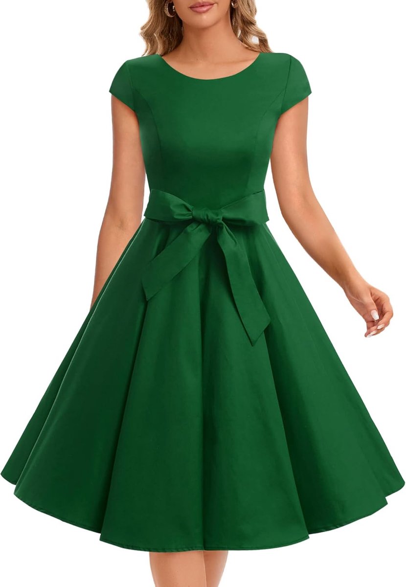 Vintage 1950s Polka Dot Solid Color Prom Dresses Cap-Sleeve