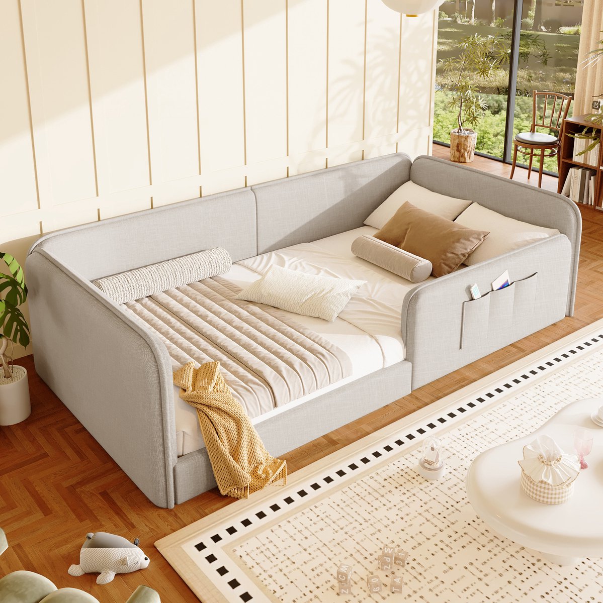 FloraGrace Bed 90x200 cm - Normaal Bed Met Zachte Linnen Bekleding - Schuimvulling En Veiligheidsrand - Met Opbergtassen - Voor Kinderen - Beige - Zonder Matras