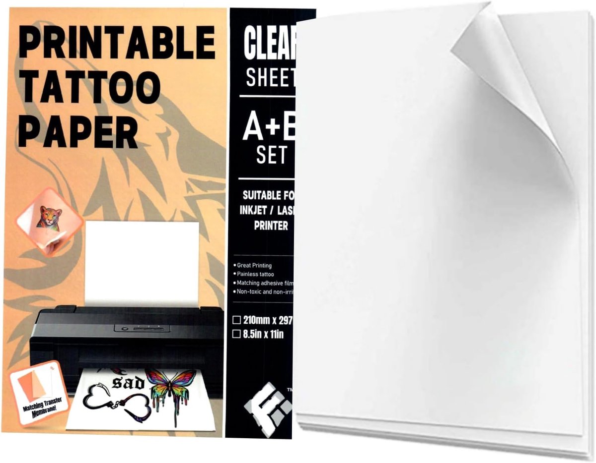 5 x tatoeagepapier A4 om zelf te bedrukken, verjaardag, DIY, personaliseren, inkjetprinter, tattoo-papier, vrijgezellenfeest, folie, tijdelijke tatoeages maken, voor de huid, bruiloft, feest