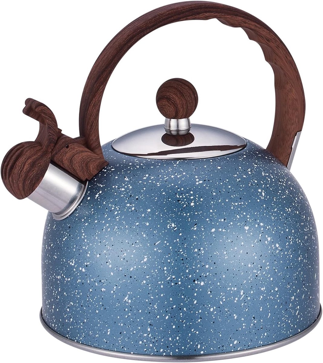 Waterketel, inductie, roestvrijstalen theeketel met houtnerfgreep, Max 2,2 l, moderne waterkoker voor alle warmtebronnen, fluitketel met fluittoon voor thee, koffie, sterren, blauw