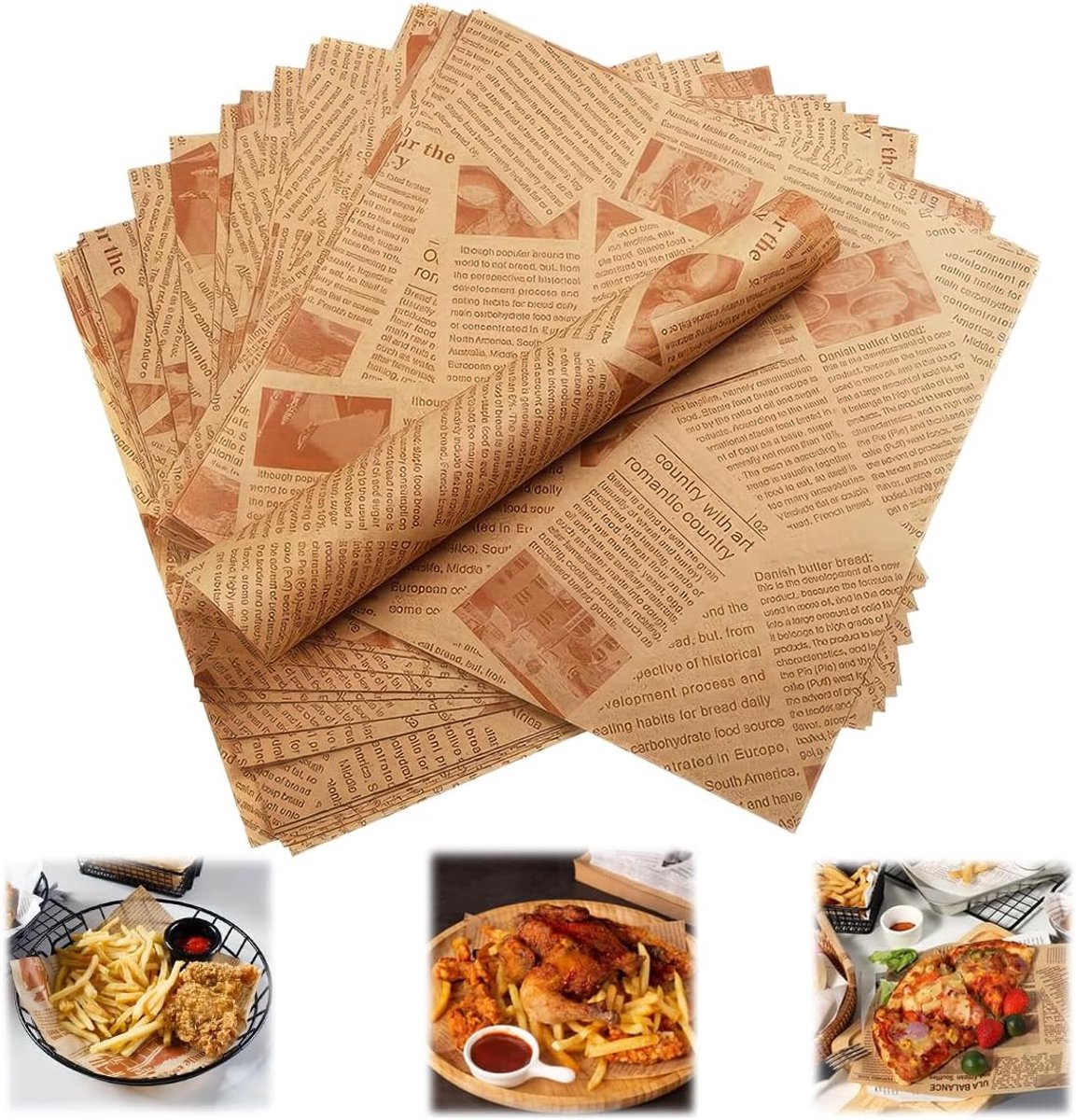 100 Stuks Burgerpapier, 25 x 25 cm bakpapier, krantenlook