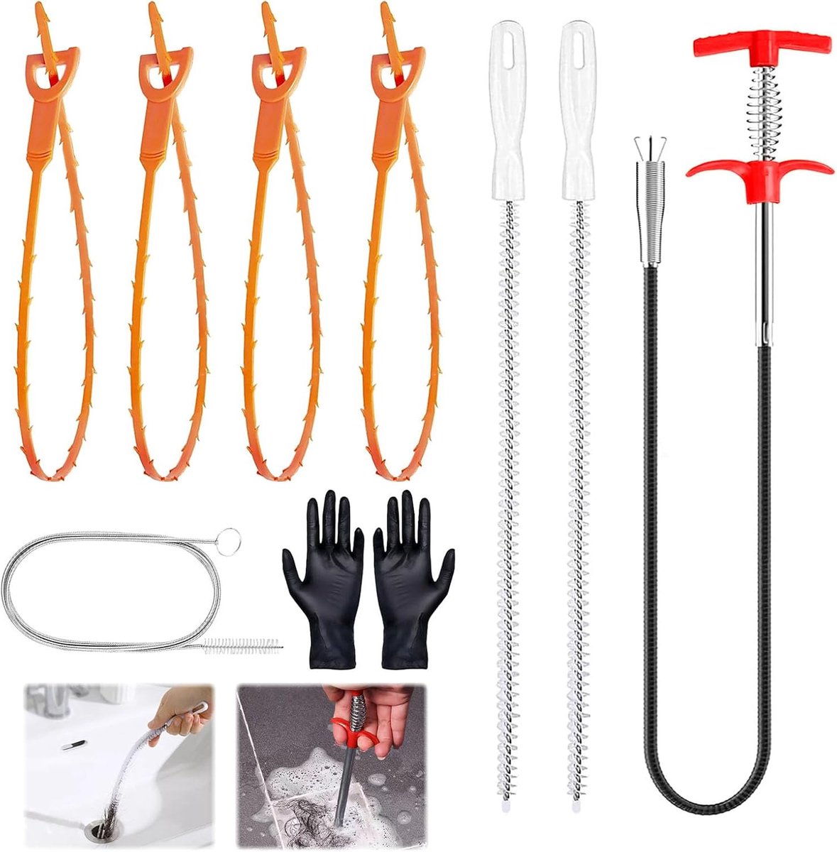 1,6 m afvoerreiniger, spiraalafvoer, buisreinigingspakket, buisreiniger, spiraal, buisreinigingsborstel, afvoerspiraal, haarklompgereedschap voor afvoer, keuken, badkamer, douche