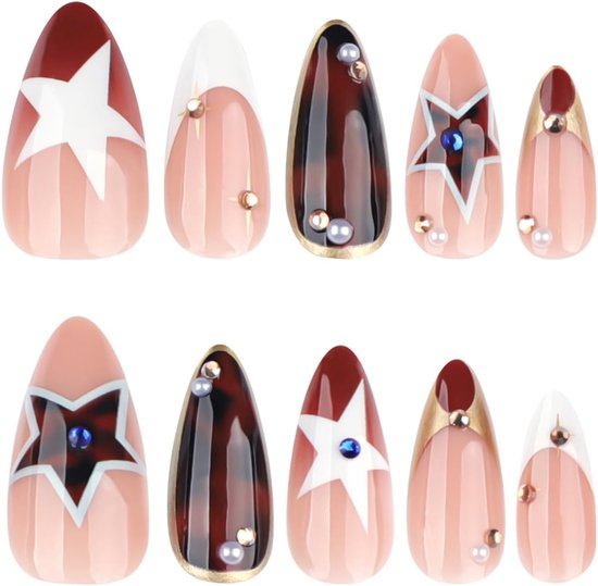 On Nails Mittel - Amandel Kunstnagels Met Sterrenpatroon - Bruine Volledige Bedekking Zelfklevende Nagels - Voor Dames Herfst Manicure 24 — afbeelding 4
