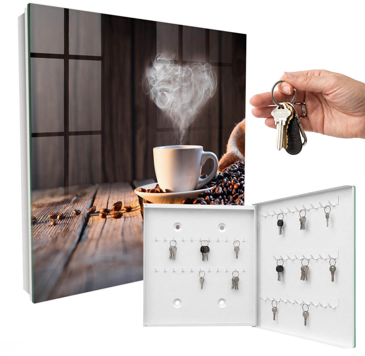 WallMuralia - Sleutelkast - 30x30x5 cm - met 50 haken - Koffiehart Sleutelkastje - Bruin Sleutelbox - Rechtsopenend - Wit interieur