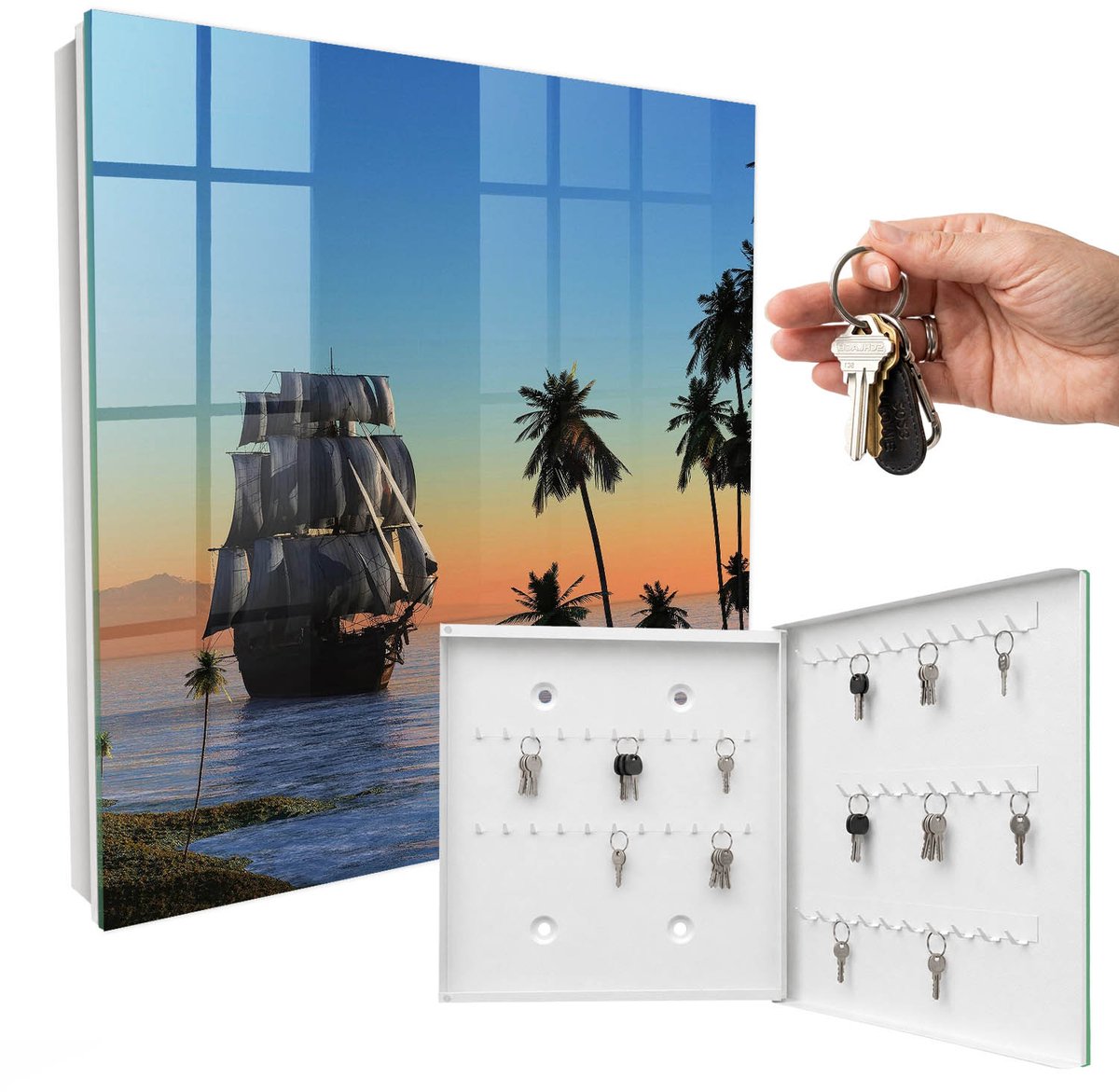 WallMuralia - Sleutelkast - 30x30x5 cm - met 50 haken - Zeilschip Sleutelkastje Landelijk - Blauw Sleutelbox - Rechtsopenend - Wit interieur