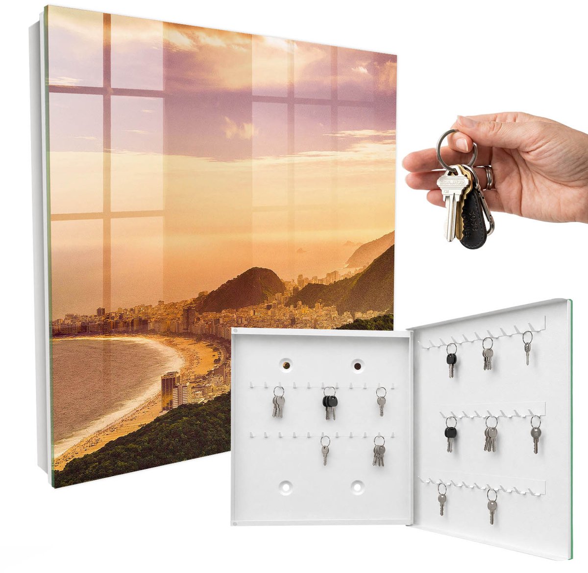 WallMuralia - Sleutelkast - 30x30x5 cm - met 50 haken - Stedelijke Harmonie Sleutelkastje Huis - Oranje Sleutelbox - Rechtsopenend - Wit interieur