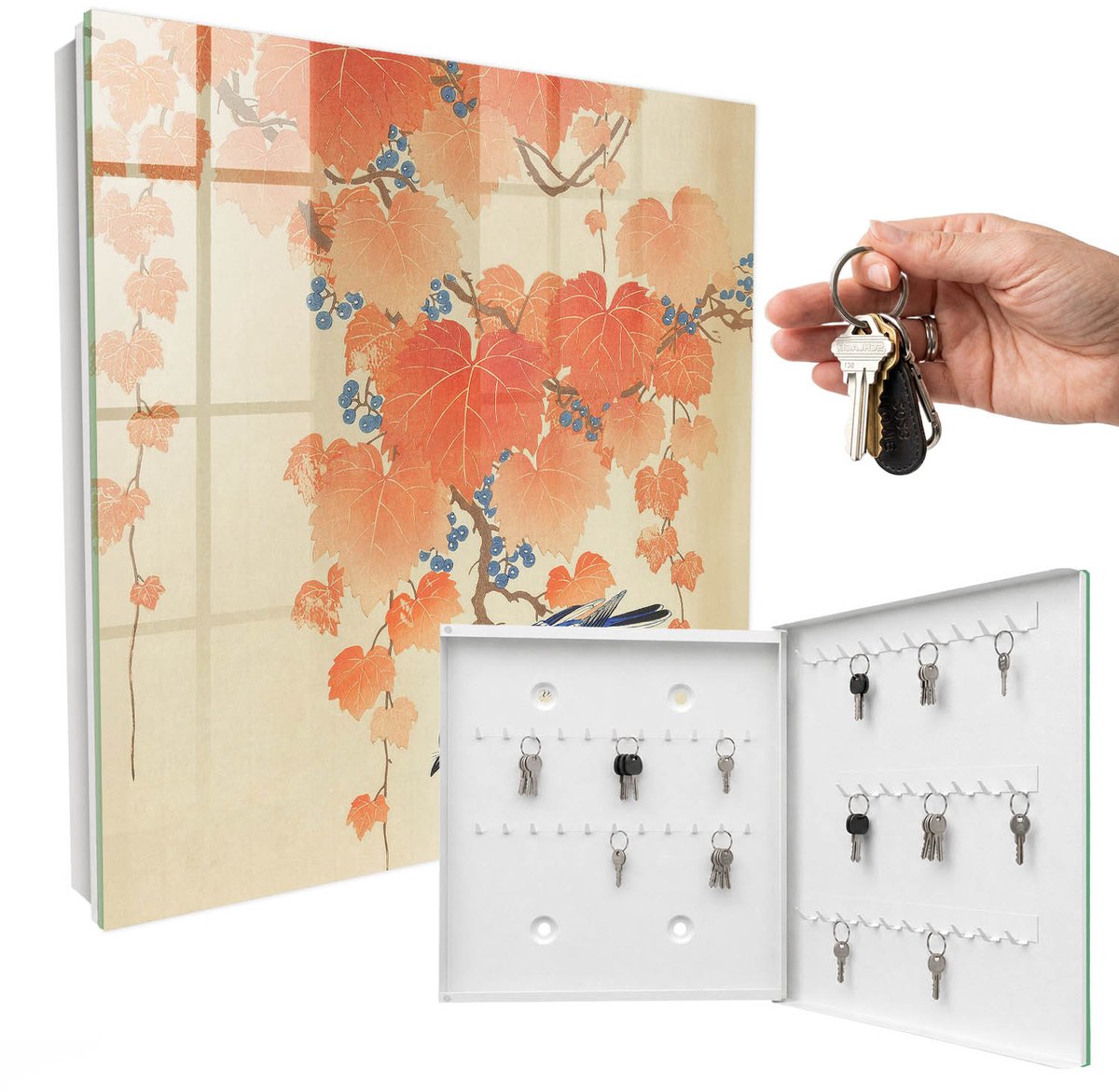 WallMuralia - Sleutelkast - 30x30x5 cm - met 50 haken - Vogel En Bladeren Groot Sleutelkastje - Oranje Sleutelbox - Rechtsopenend - Wit interieur