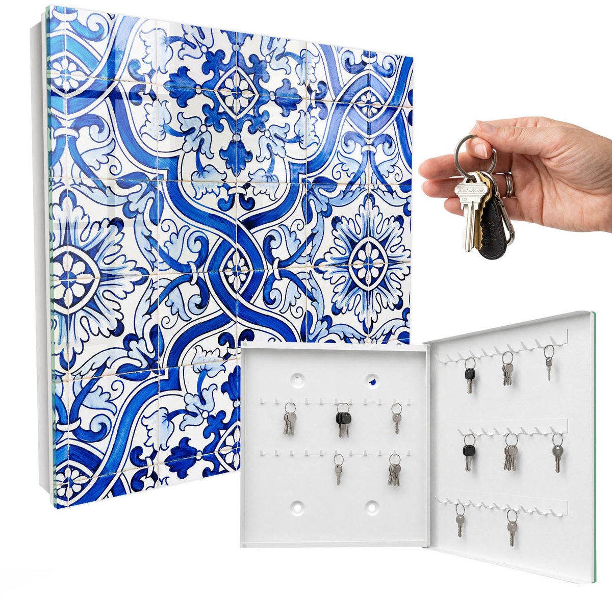 WallMuralia - Sleutelkast - 30x30x5 cm - met 50 haken - Decoratieve Tegels Sleutelkastje Modern - Blauw Sleutelbox - Rechtsopenend - Wit interieur