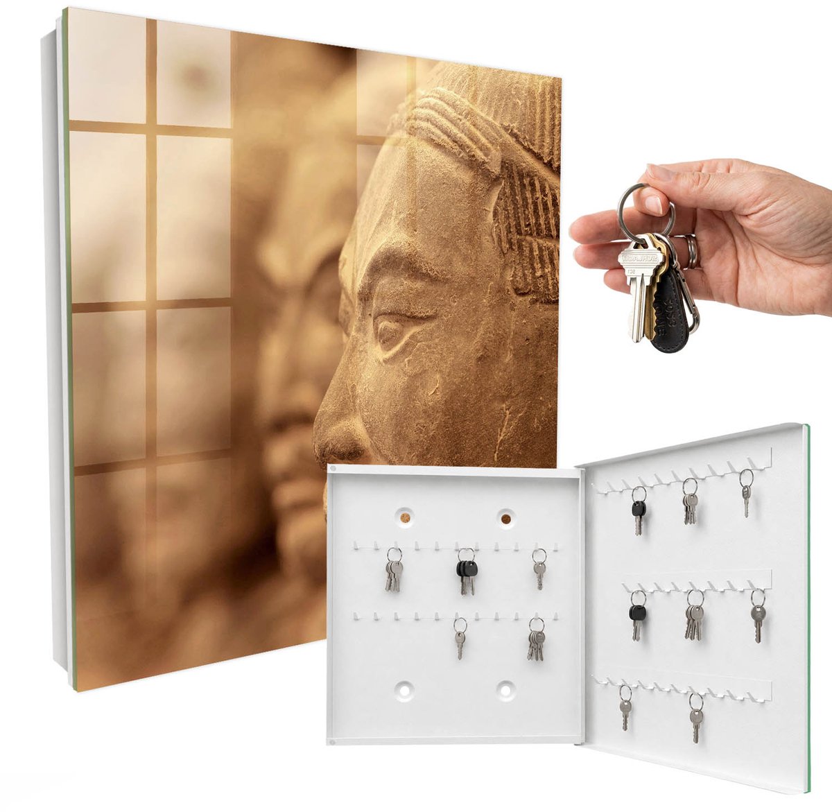 WallMuralia - Sleutelkast - 30x30x5 cm - met 50 haken - Historische Sculptuur Sleutelkastje Muur - Beige Sleutelbox - Rechtsopenend - Wit interieur